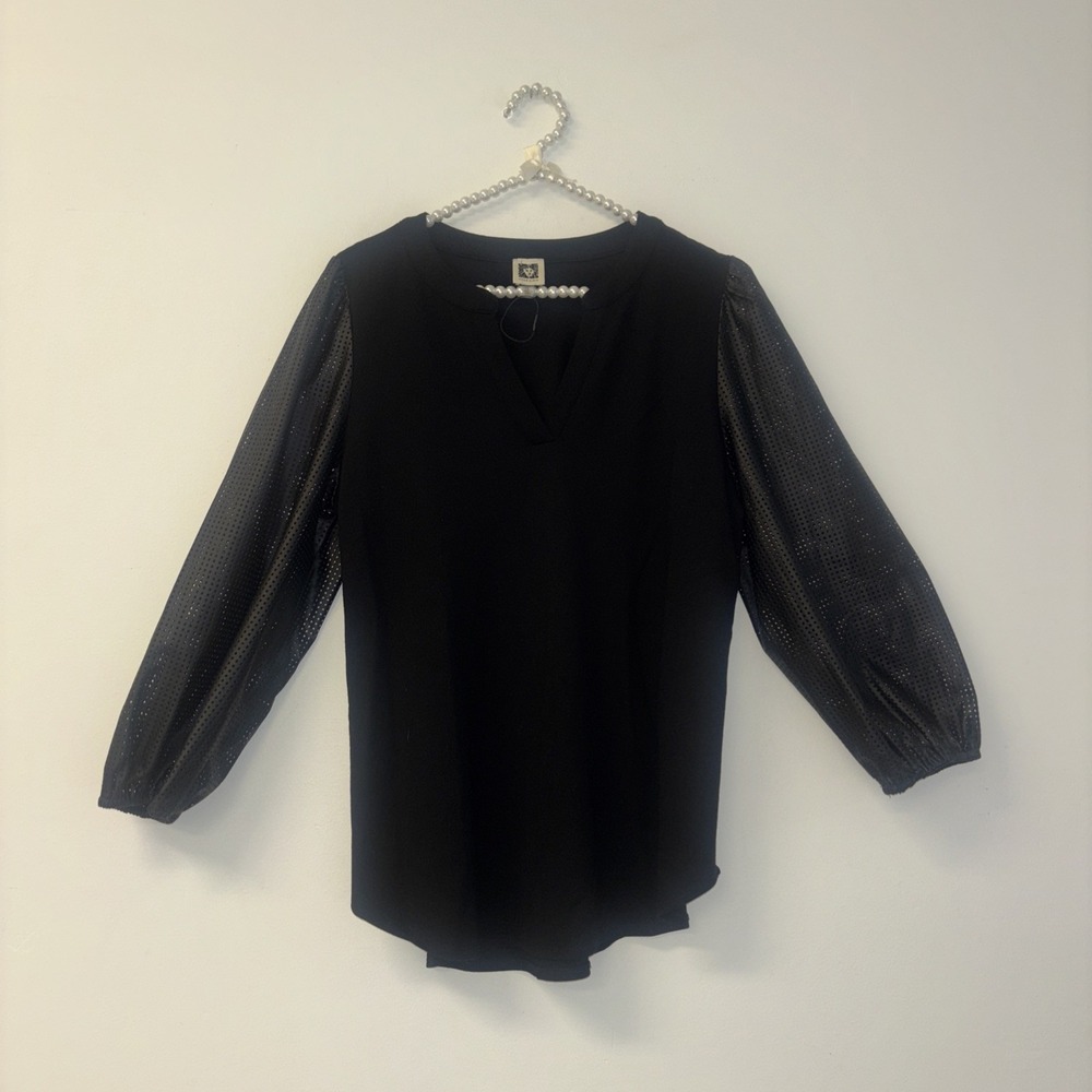 Anne Klein Womens Black Perforated Faux Leather Sleeve V-Neck Knit Top Sz Large